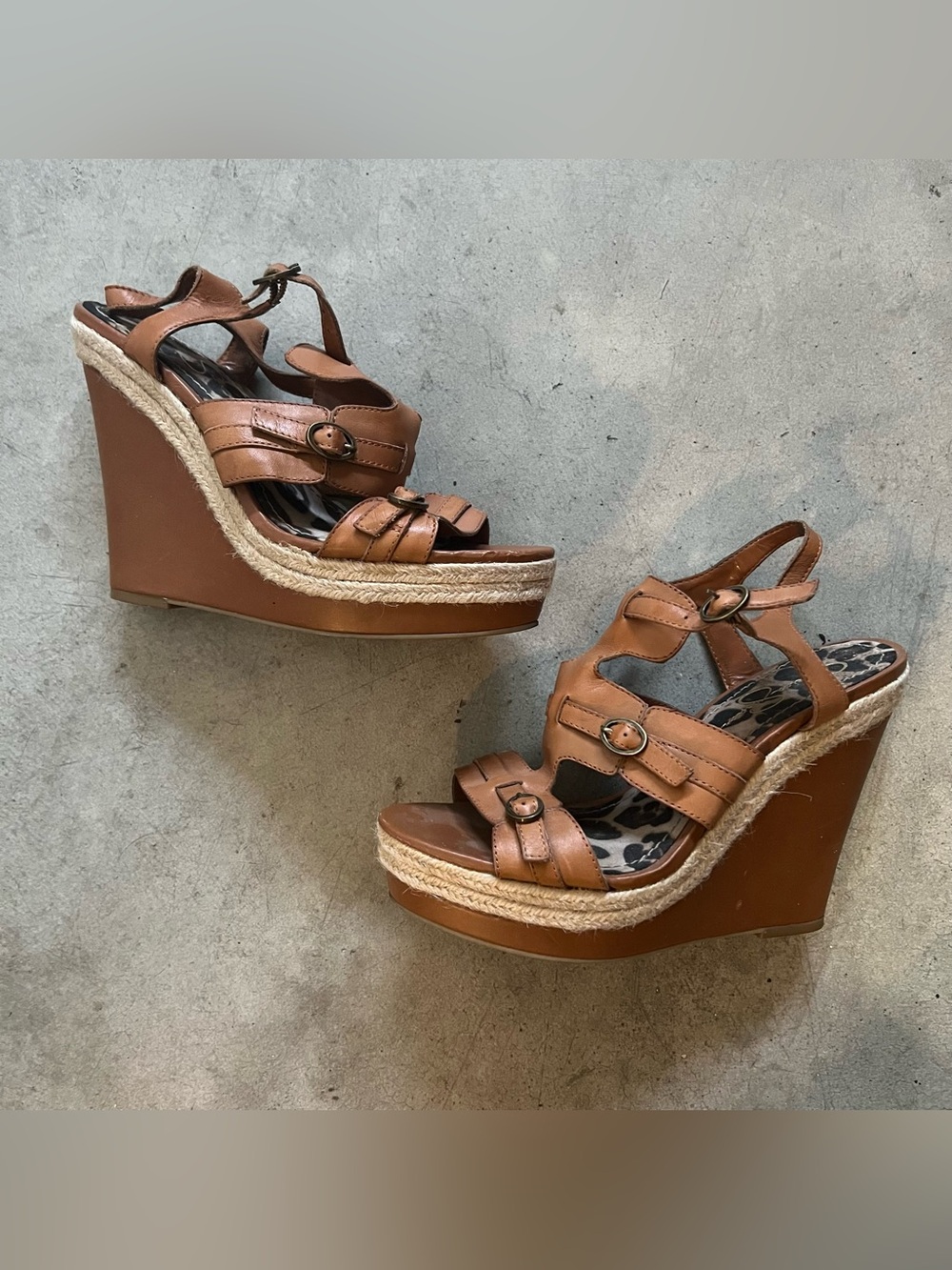 Jessica Simpson Brown Leather Espadrille Wedge Sandals